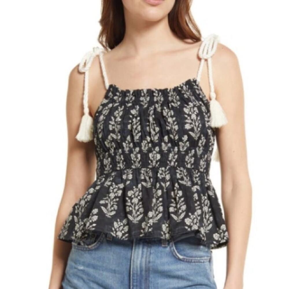 Moon River Floral Tie Strap Cotton Peplum Top in Black Multi Combo Size M